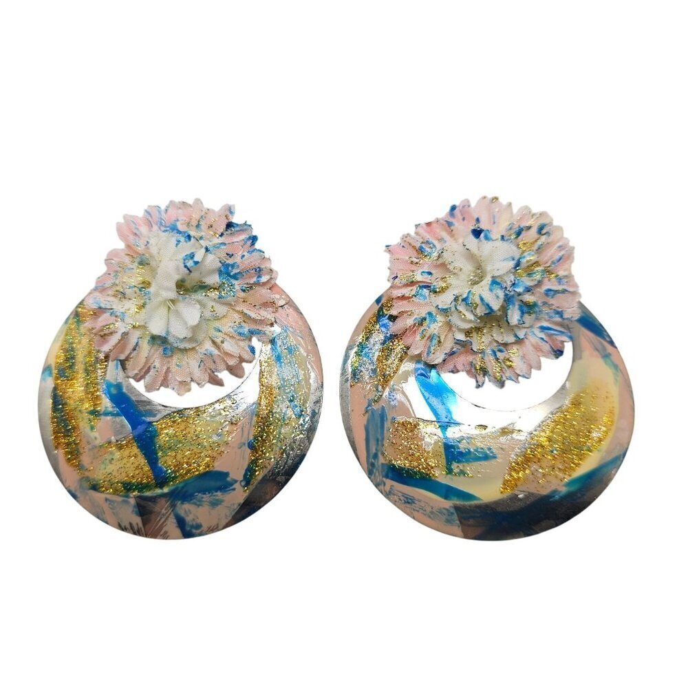 Vintage 1980s Floral Enamel Earrings With Pink Gold Glitter Blue Accents